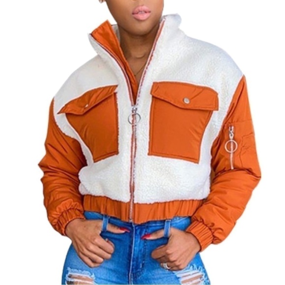 Jackets & Blazers - FUZZY sherpa cropped jacket. Orange.